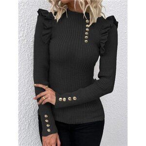 Black Ribbed Knit Ruffle Trim Mock Turtleneck Sweater Button Bodycon Sweater Top